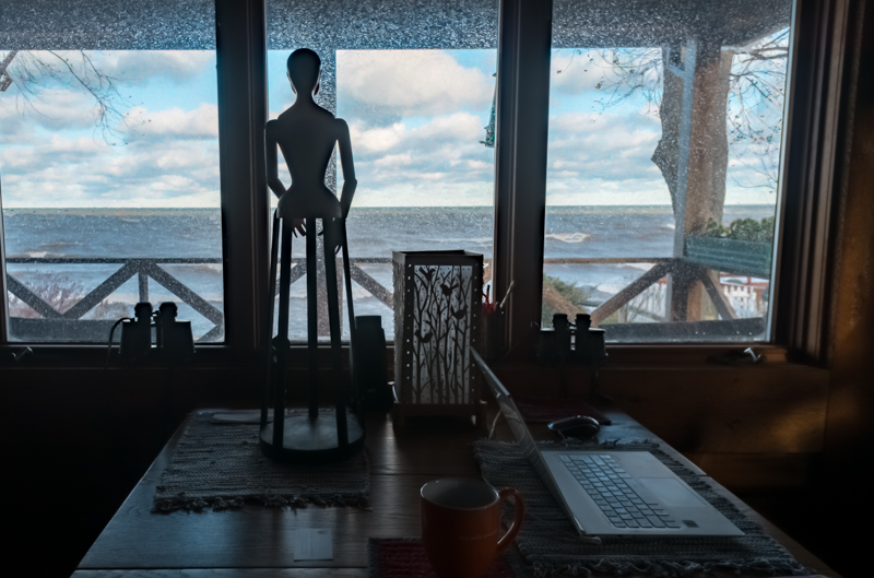 Santo at the window on a snowy day.